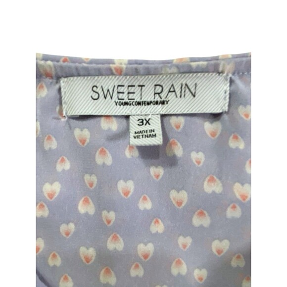 Sweet Rain Womens 3X Lilac Top Pink/White Heart Print Short Sleeve Tie Collar - Picture 3 of 9